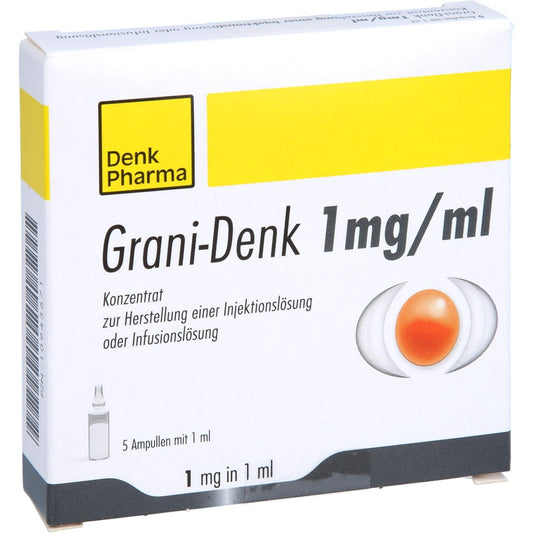 Das Produktfoto zeigt Grani-Denk 1 Mg/Ml Konz.Z.Herst.E.Inj.-/Inf.-Lsg. (5X1 ml) PZN 10943671