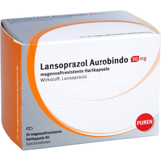 Das Produktfoto zeigt Lansoprazol Aurobindo 30 Mg Magensaftres.Hartkaps. (56 stk) PZN 10945078
