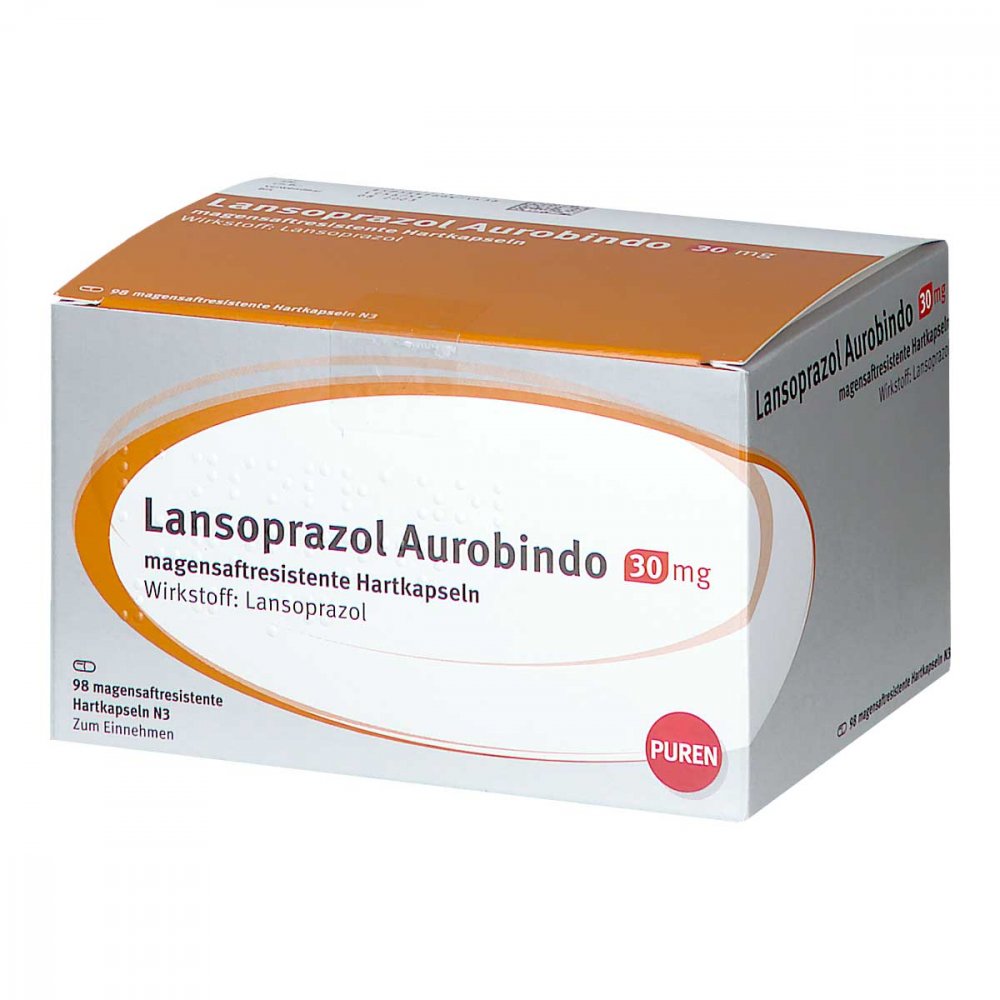 Das Produktfoto zeigt Lansoprazol Aurobindo 30 Mg Magensaftres.Hartkaps. (98 stk) PZN 10945084