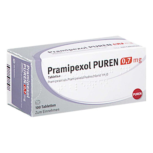Das Produktfoto zeigt Pramipexol Puren 0,7 Mg Tabletten (100 stk) PZN 10945256