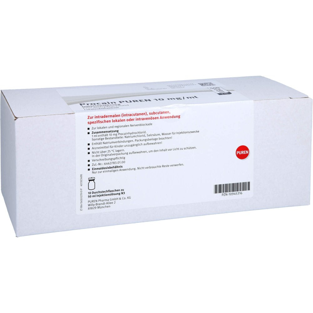 Das Produktfoto zeigt Procain Puren 1% 10mg/Ml Inj.L.500mg/50ml Dsfl. (10X50 ml) PZN 10945316