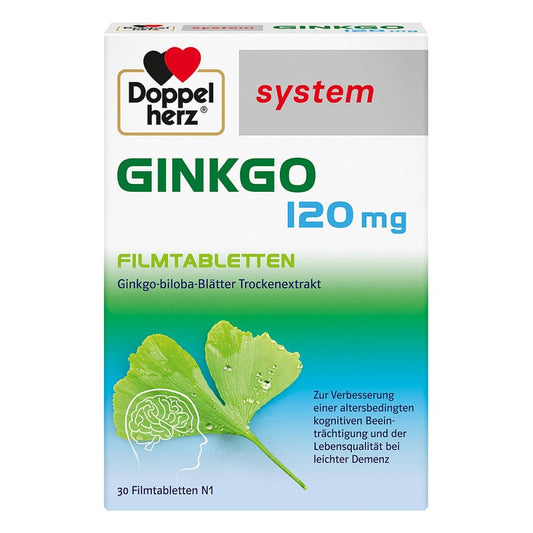 Das Produktfoto zeigt Doppelherz Ginkgo 120 Mg System Filmtabletten (30 stk) PZN 10963231
