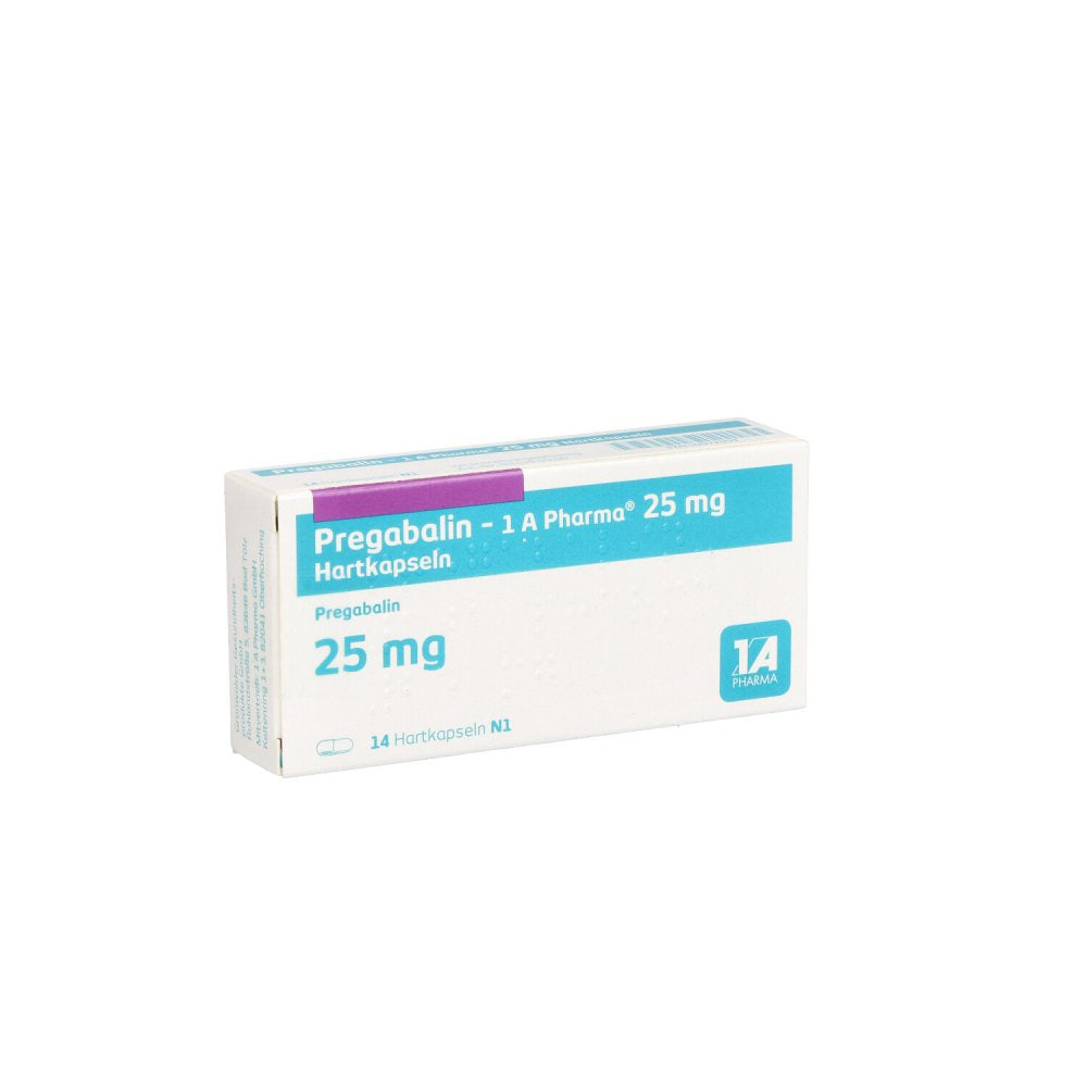 Das Produktfoto zeigt Pregabalin-1a Pharma 25 Mg Hartkapseln (14 stk) PZN 10972997