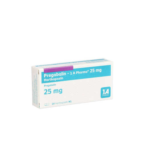 Das Produktfoto zeigt Pregabalin-1a Pharma 25 Mg Hartkapseln (14 stk) PZN 10972997