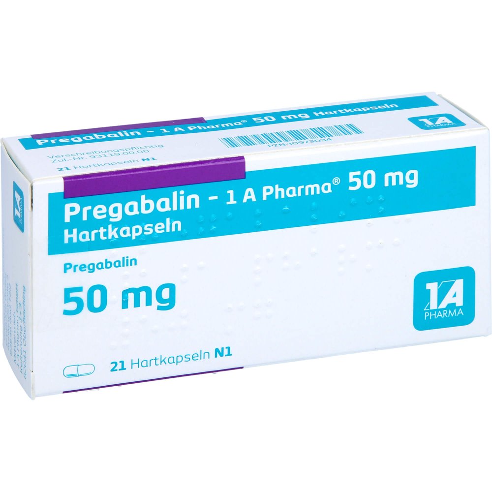 Das Produktfoto zeigt Pregabalin-1a Pharma 50 Mg Hartkapseln (21 stk) PZN 10973034