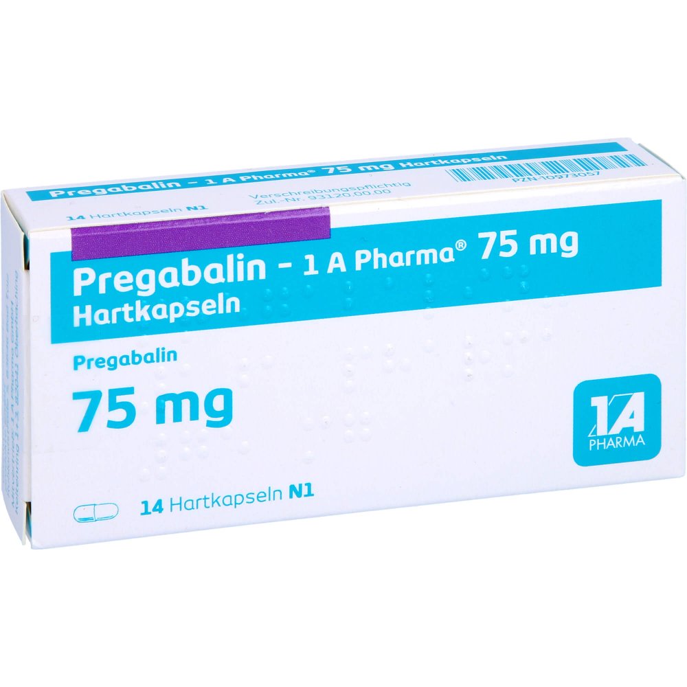 Das Produktfoto zeigt Pregabalin-1a Pharma 75 Mg Hartkapseln (14 stk) PZN 10973057