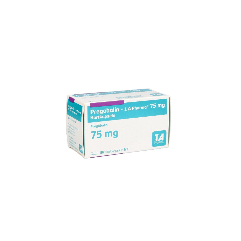 Das Produktfoto zeigt Pregabalin-1a Pharma 75 Mg Hartkapseln (56 stk) PZN 10973063