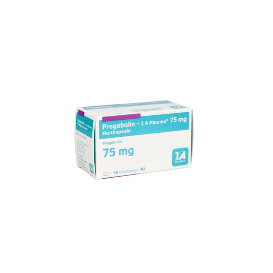 Das Produktfoto zeigt Pregabalin-1a Pharma 75 Mg Hartkapseln (56 stk) PZN 10973063