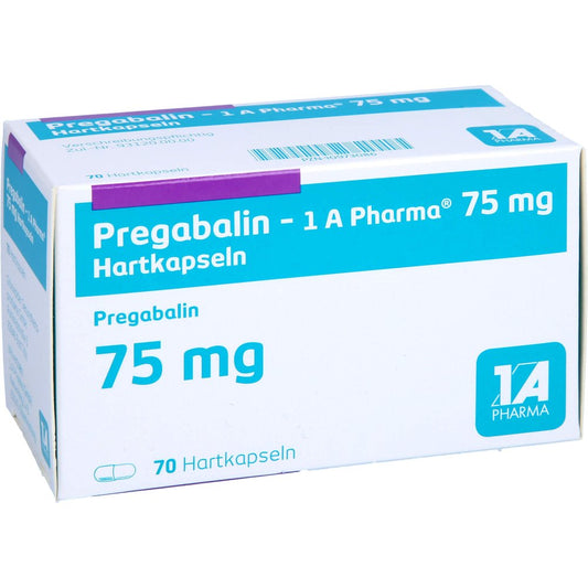 Das Produktfoto zeigt Pregabalin-1a Pharma 75 Mg Hartkapseln (70 stk) PZN 10973086