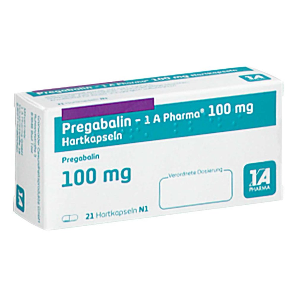 Das Produktfoto zeigt Pregabalin-1a Pharma 100 Mg Hartkapseln (21 stk) PZN 10973100