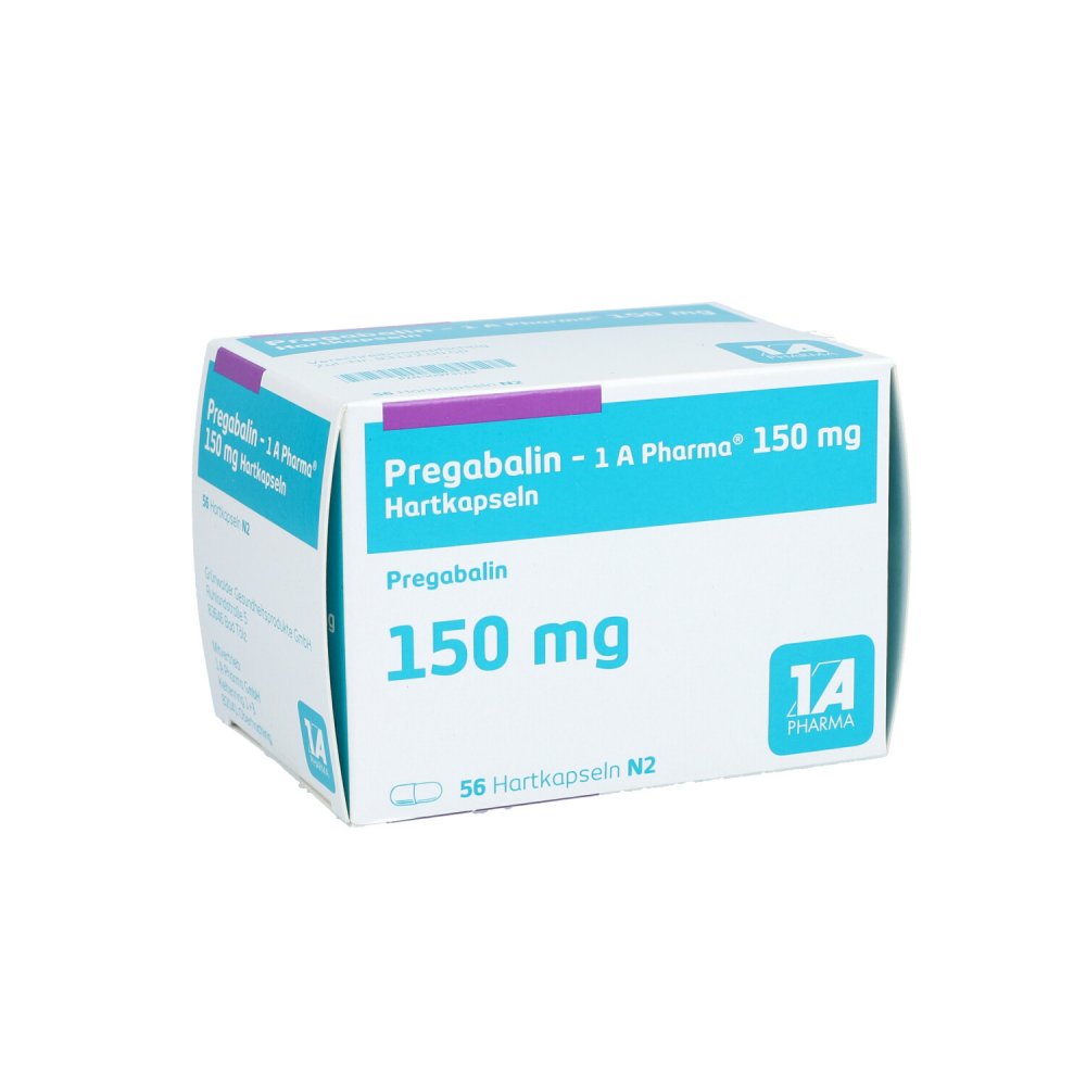 Das Produktfoto zeigt Pregabalin-1a Pharma 150 Mg Hartkapseln (56 stk) PZN 10973123