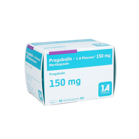 Das Produktfoto zeigt Pregabalin-1a Pharma 150 Mg Hartkapseln (56 stk) PZN 10973123
