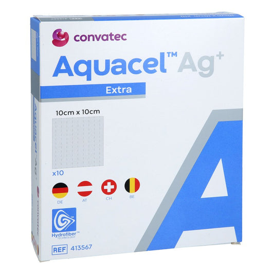 Das Produktfoto zeigt Aquacel Ag+ Extra 10x10 Cm Kompressen (10 stk) PZN 10973330