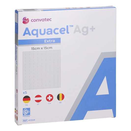 Das Produktfoto zeigt Aquacel Ag+ Extra 15x15 Cm Kompressen (5 stk) PZN 10973347