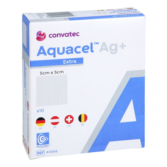 Das Produktfoto zeigt Aquacel Ag+ Extra 5x5 Cm Kompressen (10 stk) PZN 10973353