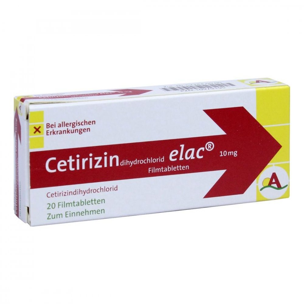 Das Produktfoto zeigt Cetirizindihydrochlorid Elac 10 Mg Filmtabletten (20 stk) PZN 10979195