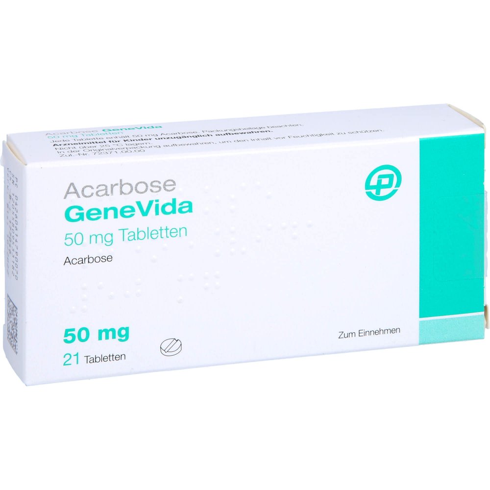 Das Produktfoto zeigt Acarbose Genevida 50 Mg Tabletten (21 stk) PZN 10979491