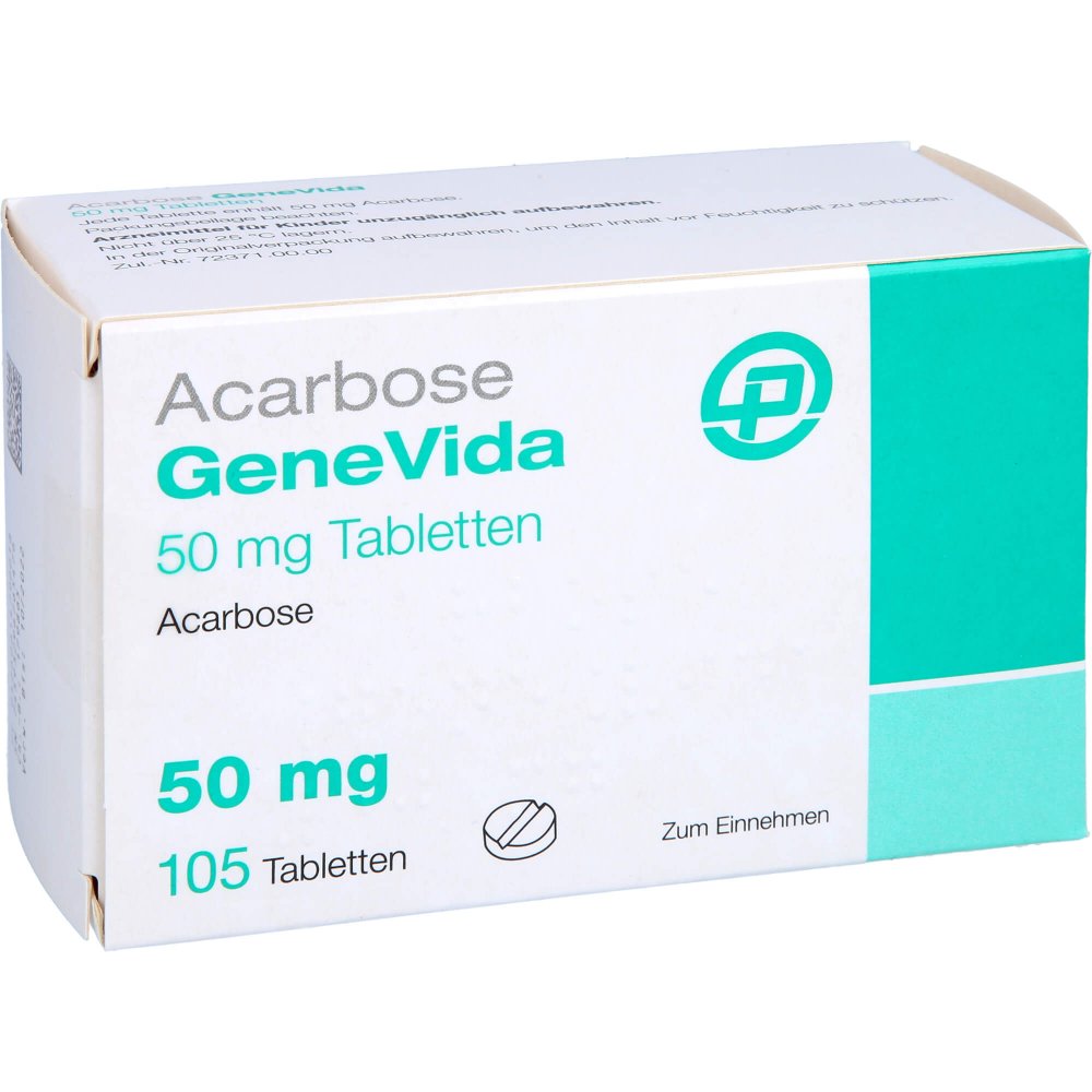 Das Produktfoto zeigt Acarbose Genevida 50 Mg Tabletten (105 stk) PZN 10979516