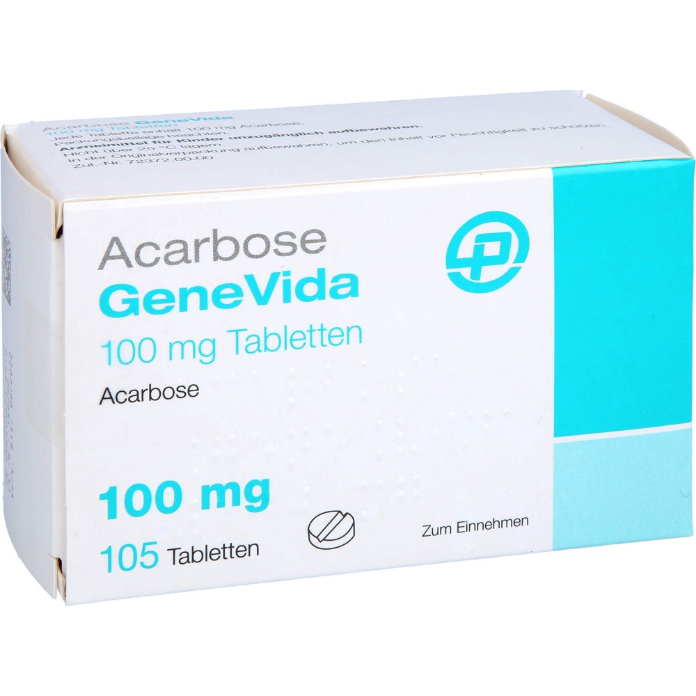 Das Produktfoto zeigt Acarbose Genevida 100 Mg Tabletten (105 stk) PZN 10979539