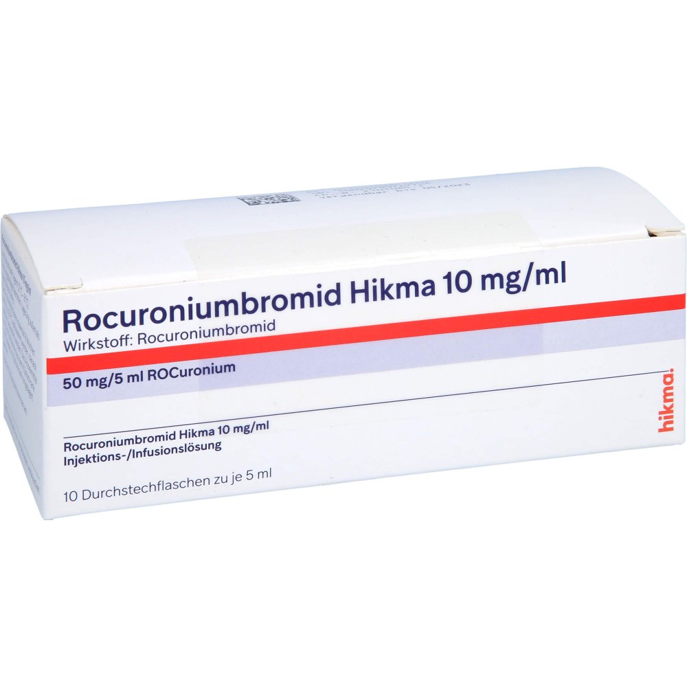 Das Produktfoto zeigt Rocuroniumbromid Hikma 10 Mg/Ml Inj.-/Inf.-Lsg. (10X5 ml) PZN 10984167