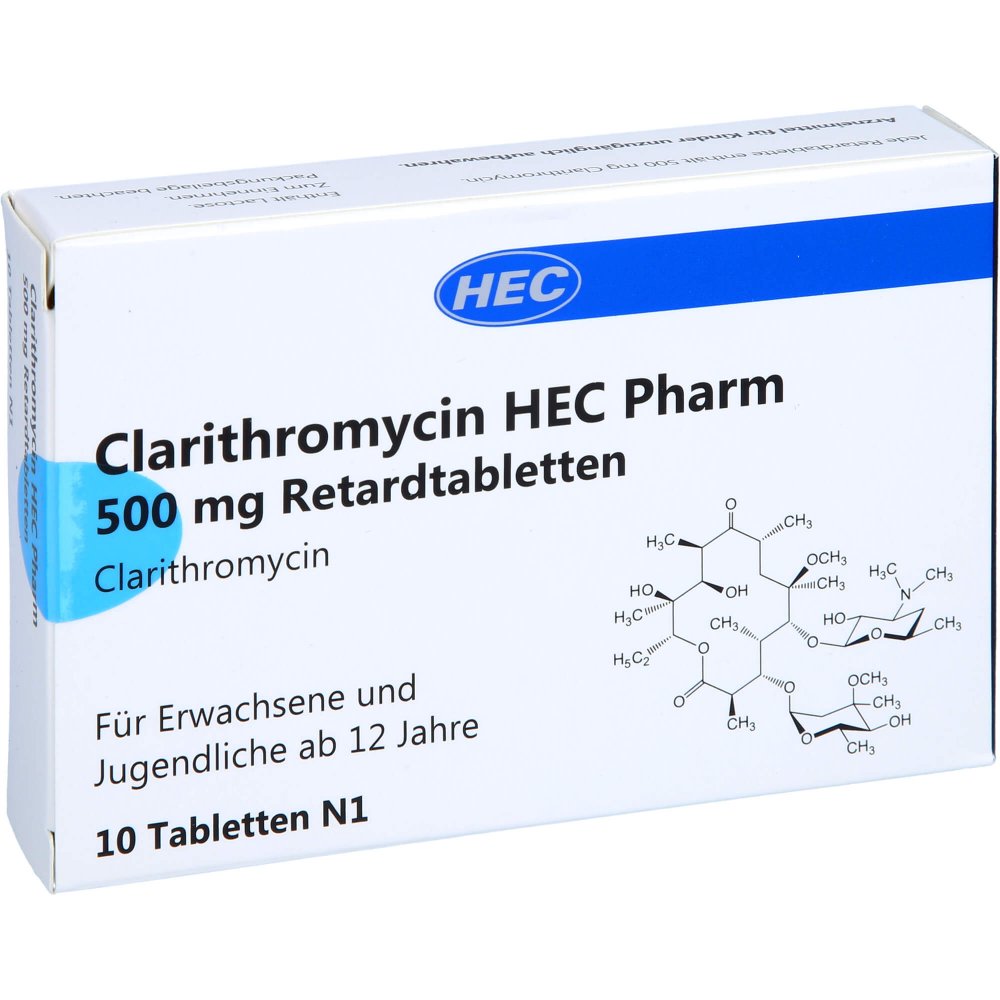 Das Produktfoto zeigt Clarithromycin Hec Pharm 500 Mg Retardtabletten (10 stk) PZN 10984546