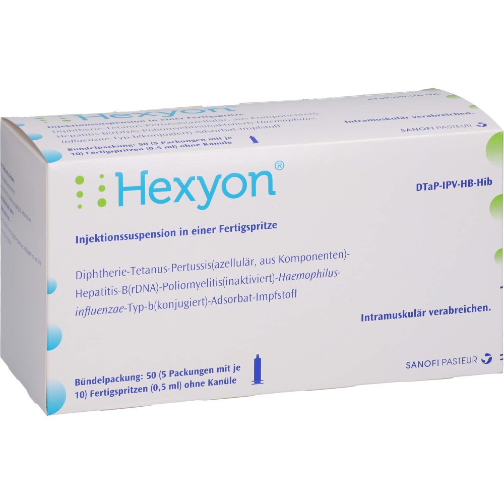 Das Produktfoto zeigt Hexyon Inj.-Susp.I.E.Fertigspr.O.Kanüle (50X0.5 ml) PZN 10986663