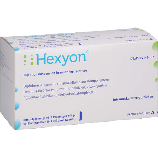 Das Produktfoto zeigt Hexyon Inj.-Susp.I.E.Fertigspr.O.Kanüle (50X0.5 ml) PZN 10986663