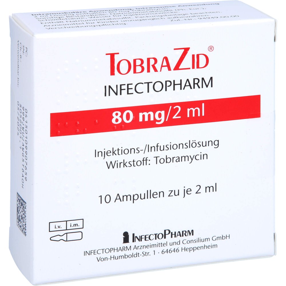 Das Produktfoto zeigt Tobrazid Infectopharm 80 Mg/2 Ml Inj.-/Inf.-Lsg. (10X2 ml) PZN 10990765