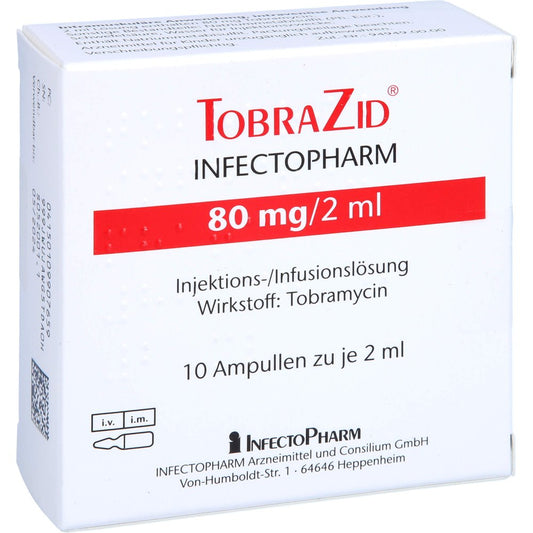 Das Produktfoto zeigt Tobrazid Infectopharm 80 Mg/2 Ml Inj.-/Inf.-Lsg. (10X2 ml) PZN 10990765