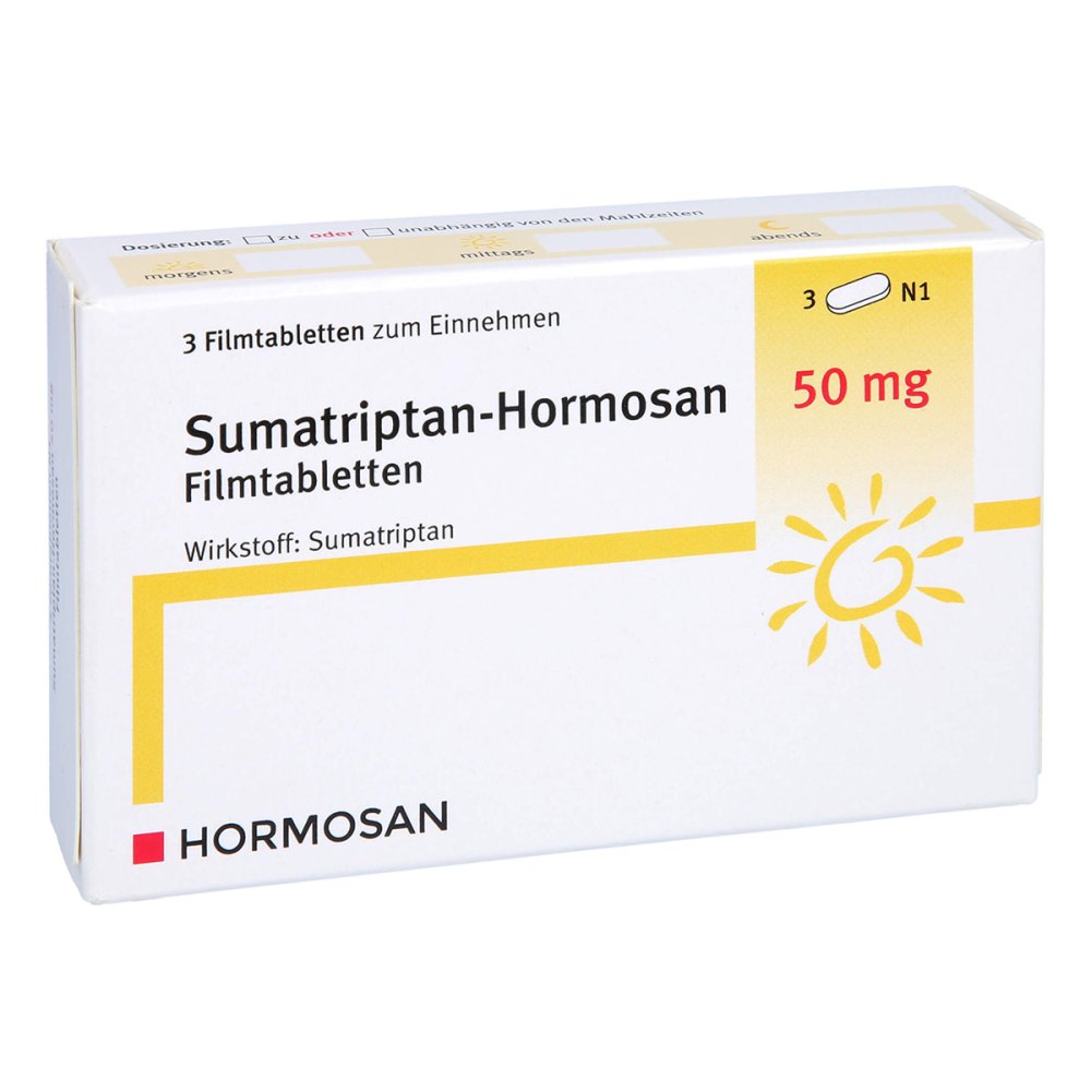 Das Produktfoto zeigt Sumatriptan Hormosan 50 Mg Filmtabletten (3 stk) PZN 10998399