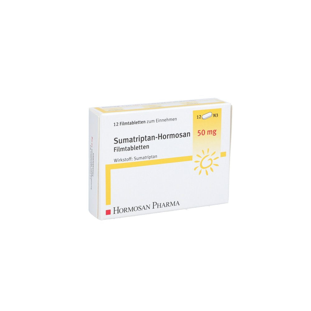 Das Produktfoto zeigt Sumatriptan Hormosan 50 Mg Filmtabletten (12 stk) PZN 10998413