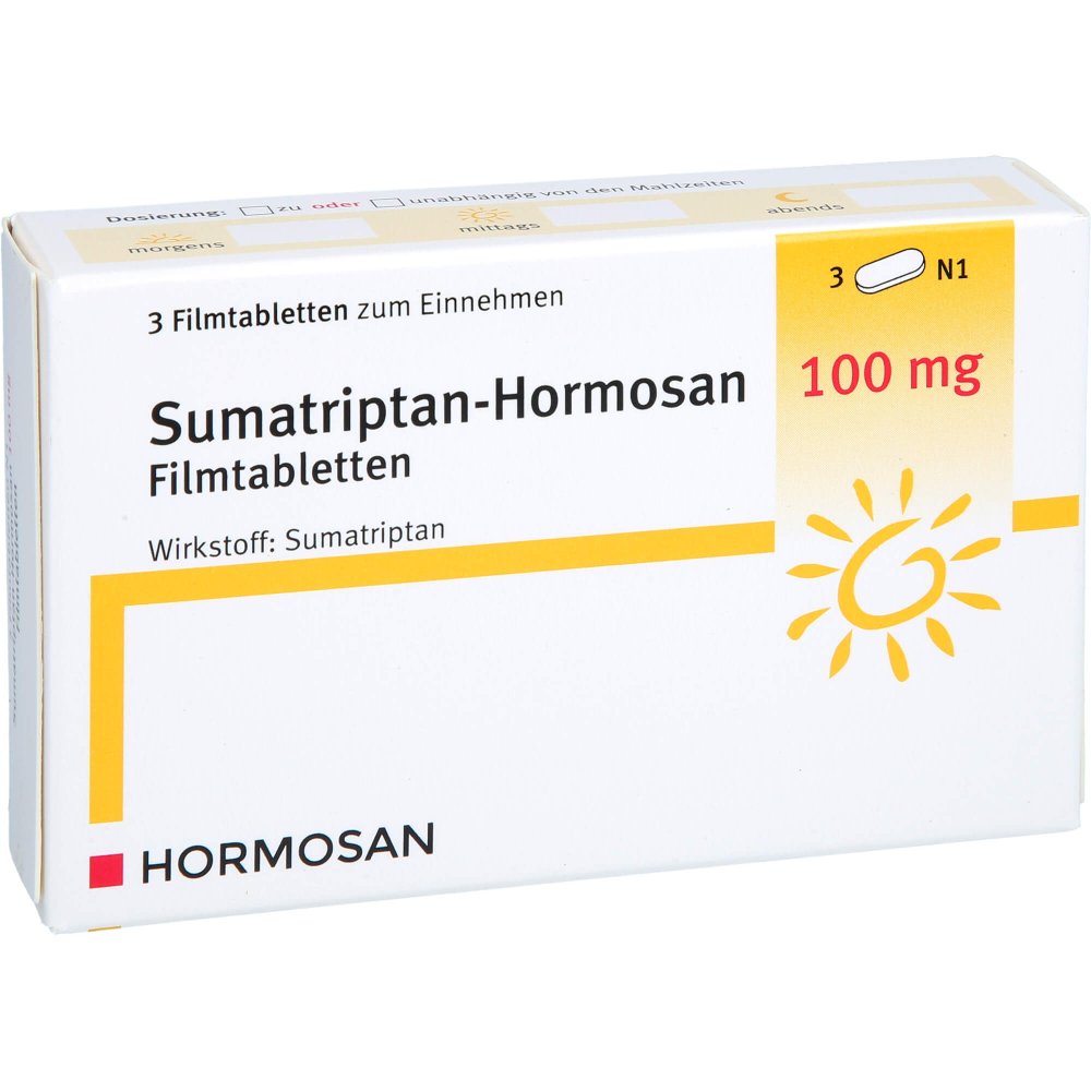 Das Produktfoto zeigt Sumatriptan Hormosan 100 Mg Filmtabletten (3 stk) PZN 10998442