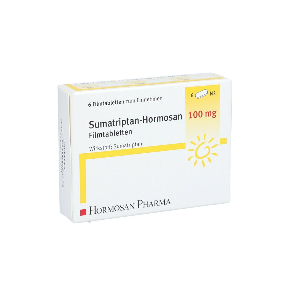Das Produktfoto zeigt Sumatriptan Hormosan 100 Mg Filmtabletten (6 stk) PZN 10998459