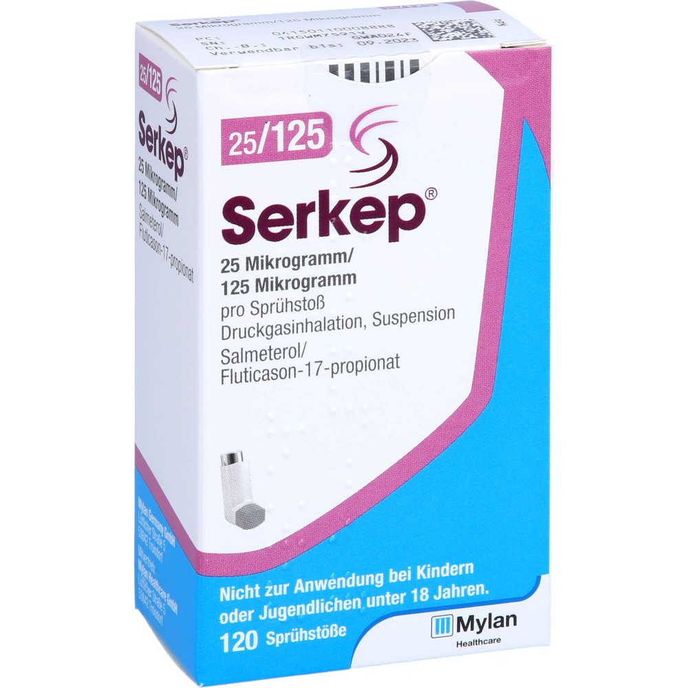 Das Produktfoto zeigt Serkep 25 Μg/125 Μg 120 Hub Dosieraerosol (1 stk) PZN 11000888