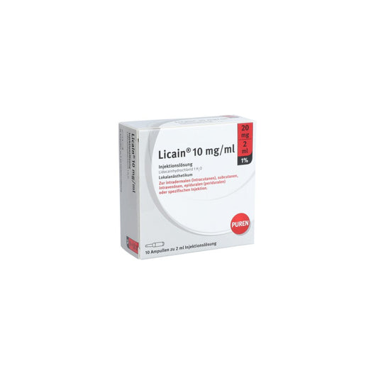 Das Produktfoto zeigt Licain 1% 10 Mg/Ml Inj.Lsg.20mg/2ml Glasamp. (10X2 ml) PZN 11008269