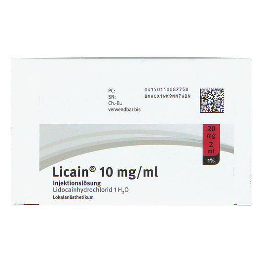 Das Produktfoto zeigt Licain 1% 10 Mg/Ml Inj.Lsg.20mg/2ml Glasamp. (50X2 ml) PZN 11008275