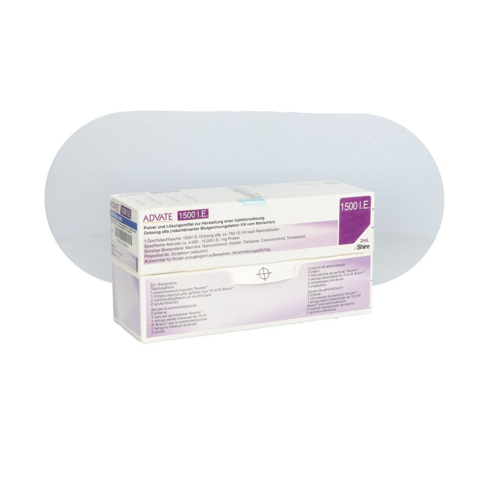 Das Produktfoto zeigt Advate 1500 I.E. Plv.U.2 Ml Lm H.Inj.-L.Bj Iii-Sys (1 stk) PZN 11009010