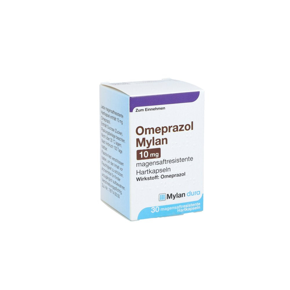 Das Produktfoto zeigt Omeprazol Mylan 10 Mg Magensaftresist.Hartkapseln (30 stk) PZN 11012354