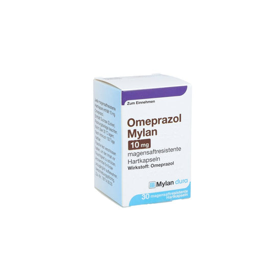 Das Produktfoto zeigt Omeprazol Mylan 10 Mg Magensaftresist.Hartkapseln (30 stk) PZN 11012354