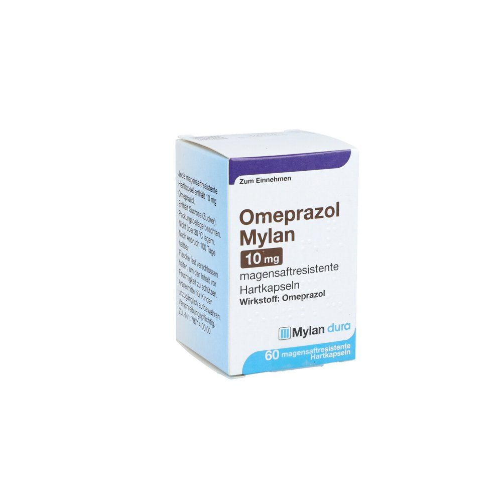 Das Produktfoto zeigt Omeprazol Mylan 10 Mg Magensaftresist.Hartkapseln (60 stk) PZN 11012360