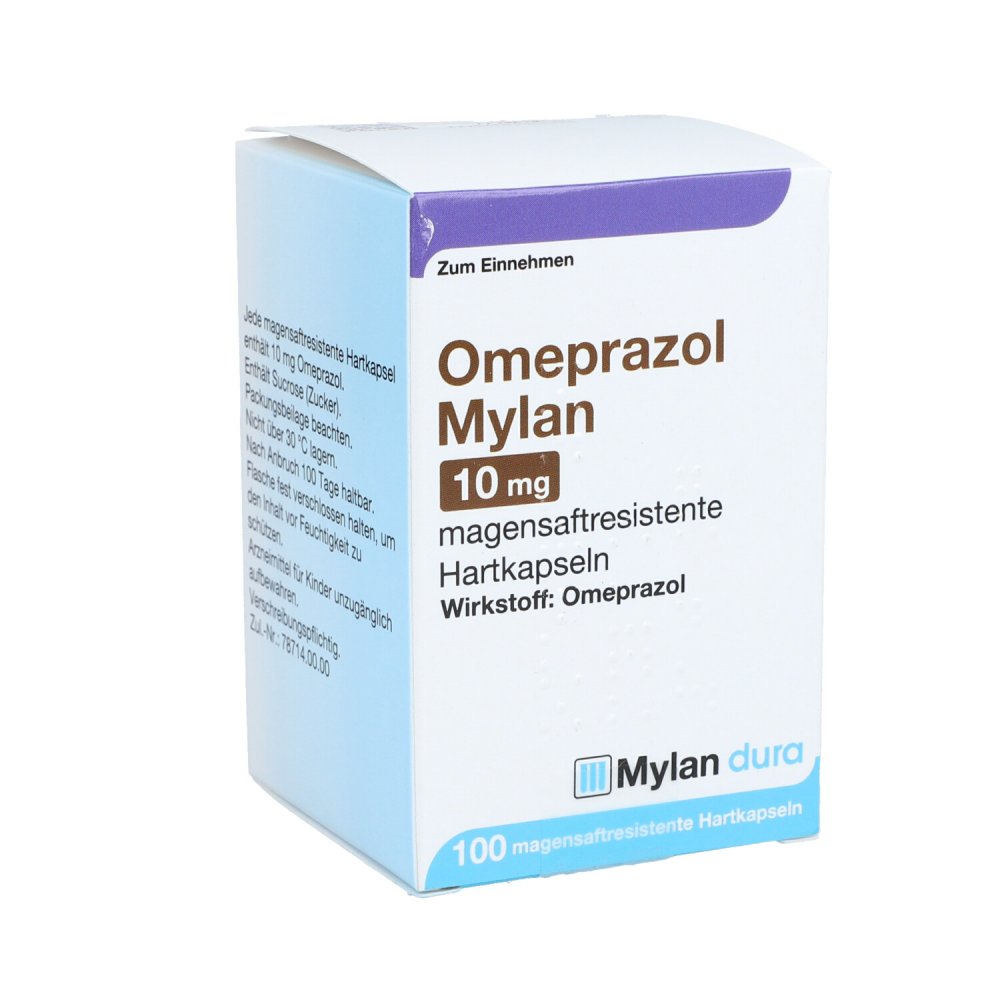 Das Produktfoto zeigt Omeprazol Mylan 10 Mg Magensaftresist.Hartkapseln (100 stk) PZN 11012377