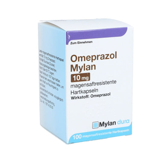 Das Produktfoto zeigt Omeprazol Mylan 10 Mg Magensaftresist.Hartkapseln (100 stk) PZN 11012377
