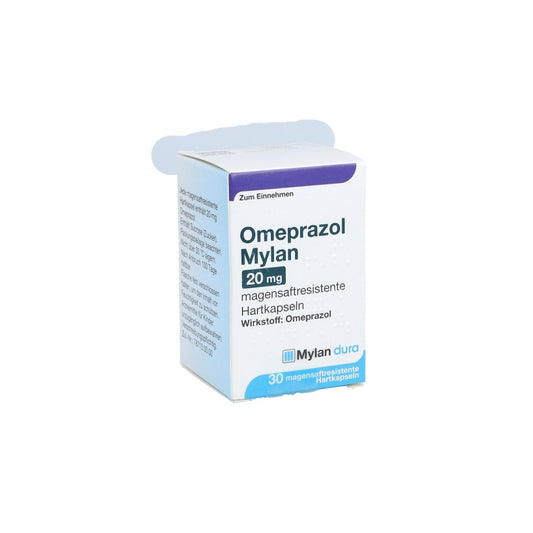Das Produktfoto zeigt Omeprazol Mylan 20 Mg Magensaftresist.Hartkapseln (30 stk) PZN 11012383