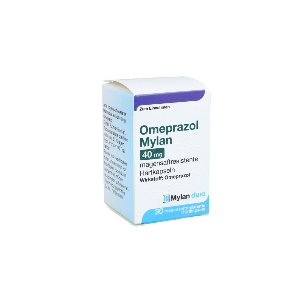 Das Produktfoto zeigt Omeprazol Mylan 40 Mg Magensaftresist.Hartkapseln (30 stk) PZN 11012437