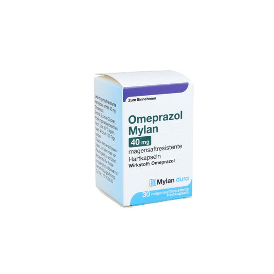 Das Produktfoto zeigt Omeprazol Mylan 40 Mg Magensaftresist.Hartkapseln (30 stk) PZN 11012437