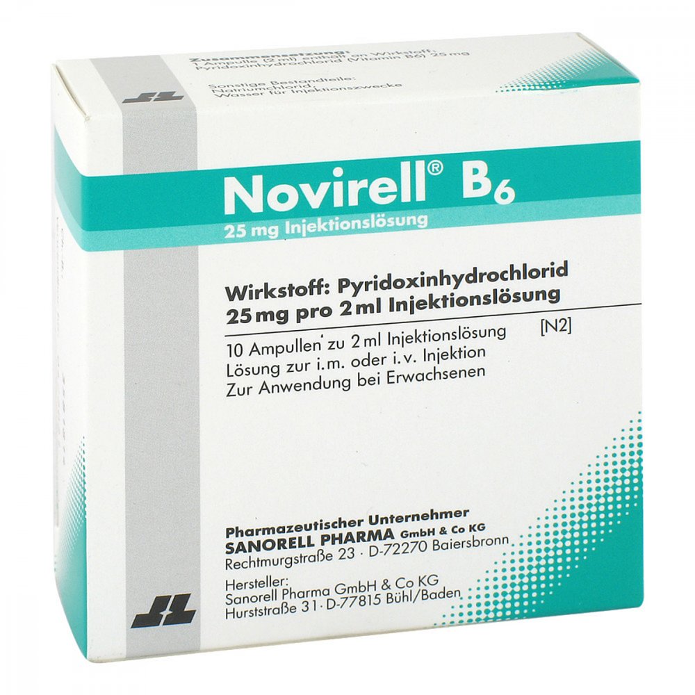 Das Produktfoto zeigt Novirell B6 25 Mg Injektionslösung (10X2 ml) PZN 11013649