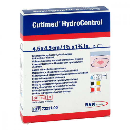 Das Produktfoto zeigt Cutimed Hydrocontrol Kompressen 4,5x4,5 Cm (10 stk) PZN 11029596