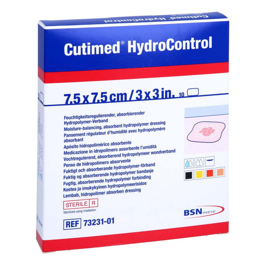 Das Produktfoto zeigt Cutimed Hydrocontrol Kompressen 7,5x7,5 Cm (10 stk) PZN 11029604