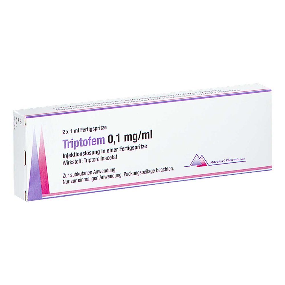 Das Produktfoto zeigt Triptofem 0,1 Mg/Ml Inj.-Lösung I.E.Fertigspr. (2 stk) PZN 11034545