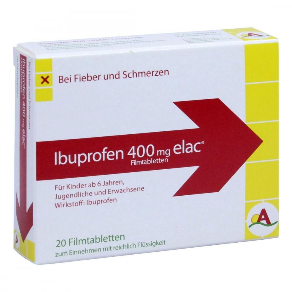 Das Produktfoto zeigt Ibuprofen 400 Mg Elac Filmtabletten (20 stk) PZN 11038193